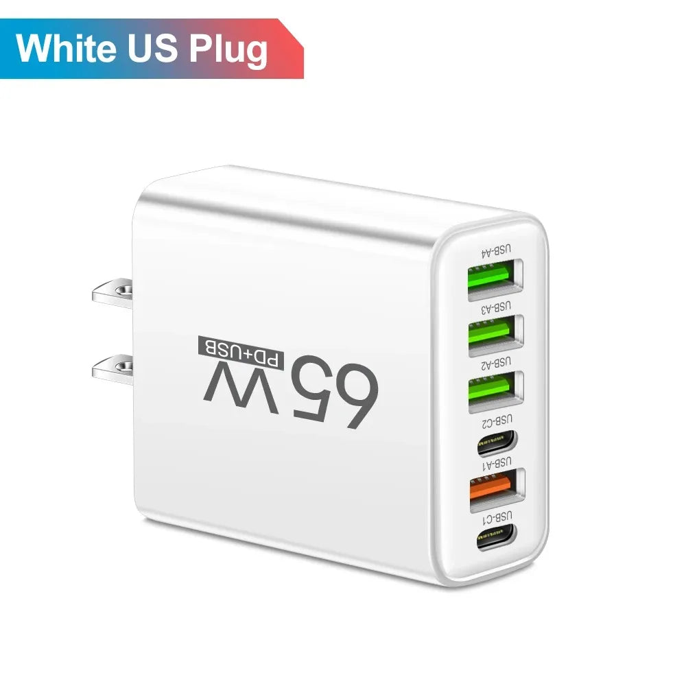 65W USB Phone Charger 6 Ports Type C Fast Charging QC3.0 for Iphone Samsung Xiaomi EU/US Plug Quick Charge Wall Chargers Adapter