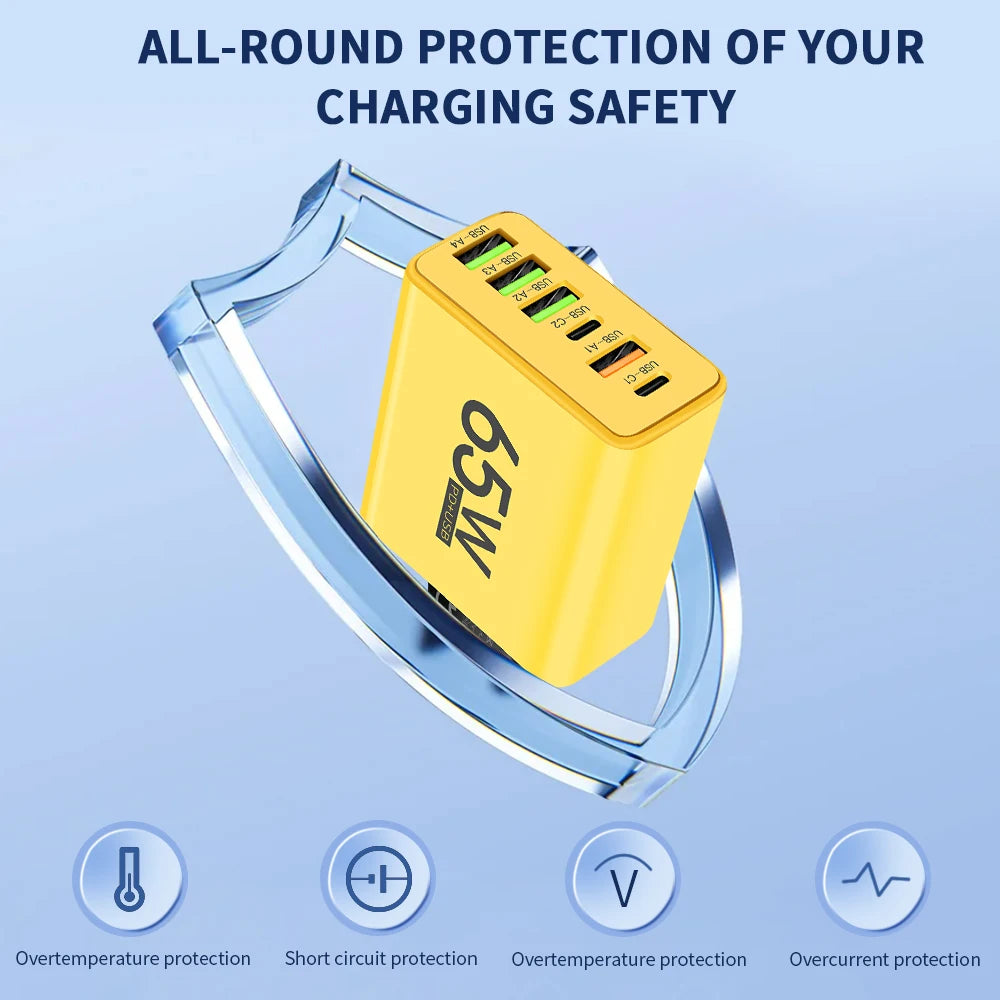 65W USB Phone Charger 6 Ports Type C Fast Charging QC3.0 for Iphone Samsung Xiaomi EU/US Plug Quick Charge Wall Chargers Adapter