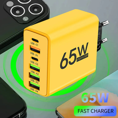 65W USB Phone Charger 6 Ports Type C Fast Charging QC3.0 for Iphone Samsung Xiaomi EU/US Plug Quick Charge Wall Chargers Adapter
