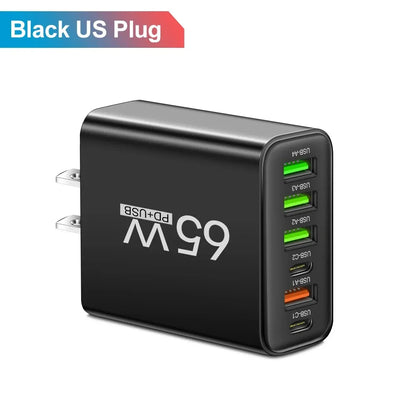 65W USB Phone Charger 6 Ports Type C Fast Charging QC3.0 for Iphone Samsung Xiaomi EU/US Plug Quick Charge Wall Chargers Adapter