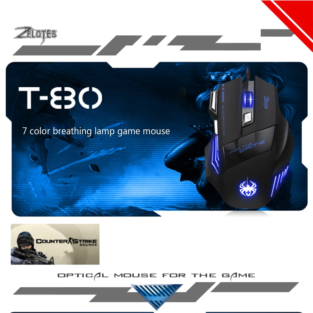 T-80 Gaming Mouse 7200 DPI Backlight Multi Color LED Optical 7 Button Mouse Gamer USB Wired Gaming Mouse for Pro Gamer