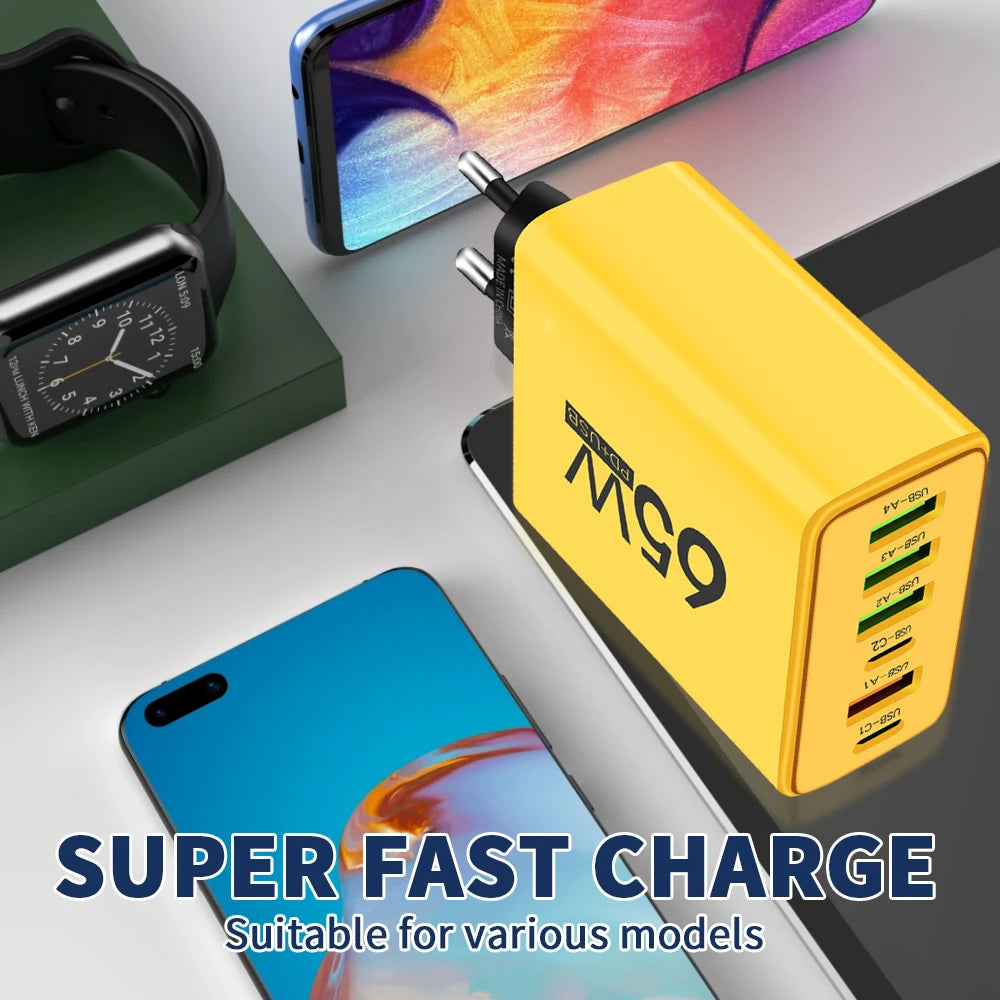 65W USB Phone Charger 6 Ports Type C Fast Charging QC3.0 for Iphone Samsung Xiaomi EU/US Plug Quick Charge Wall Chargers Adapter
